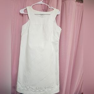 LOFT White Sleeveless Shift Dress with Hem Embellishment